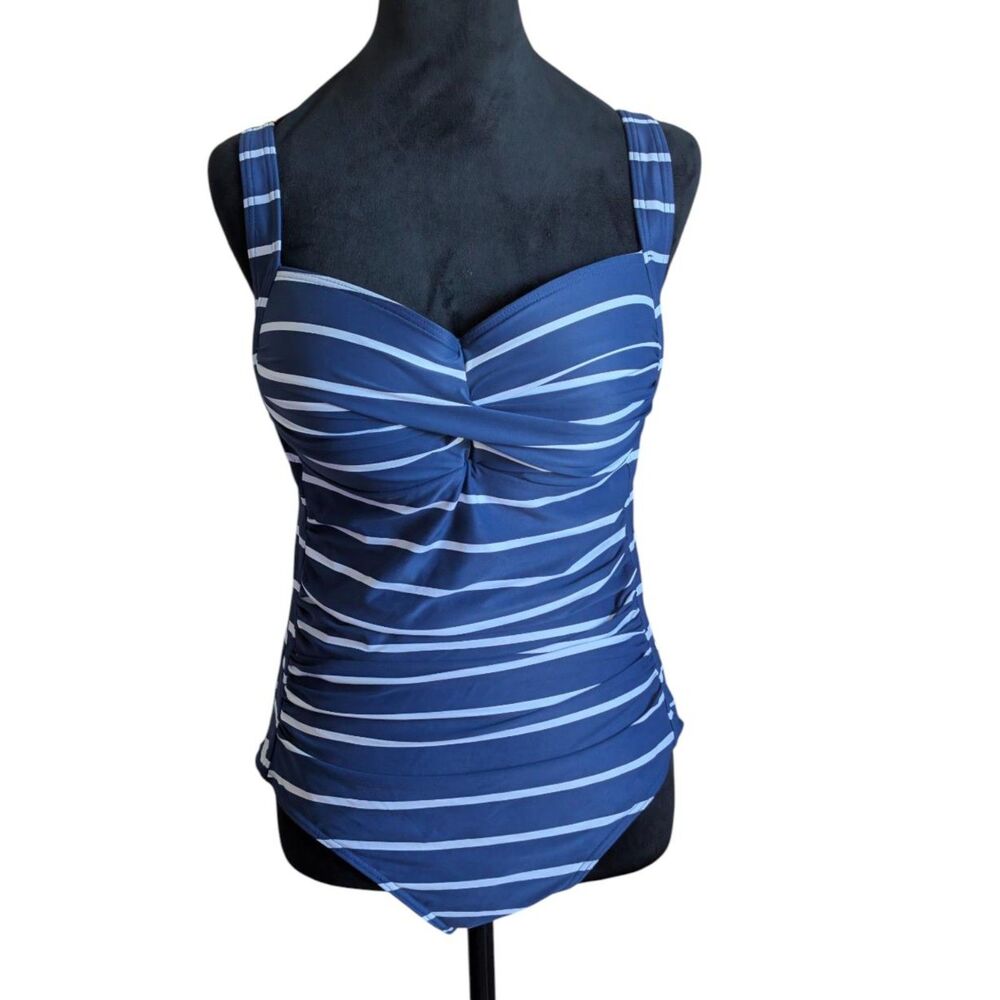 Nip Tuck Swim Navy White Stripe Joanne One Piece Sz 12 Tummy Control
